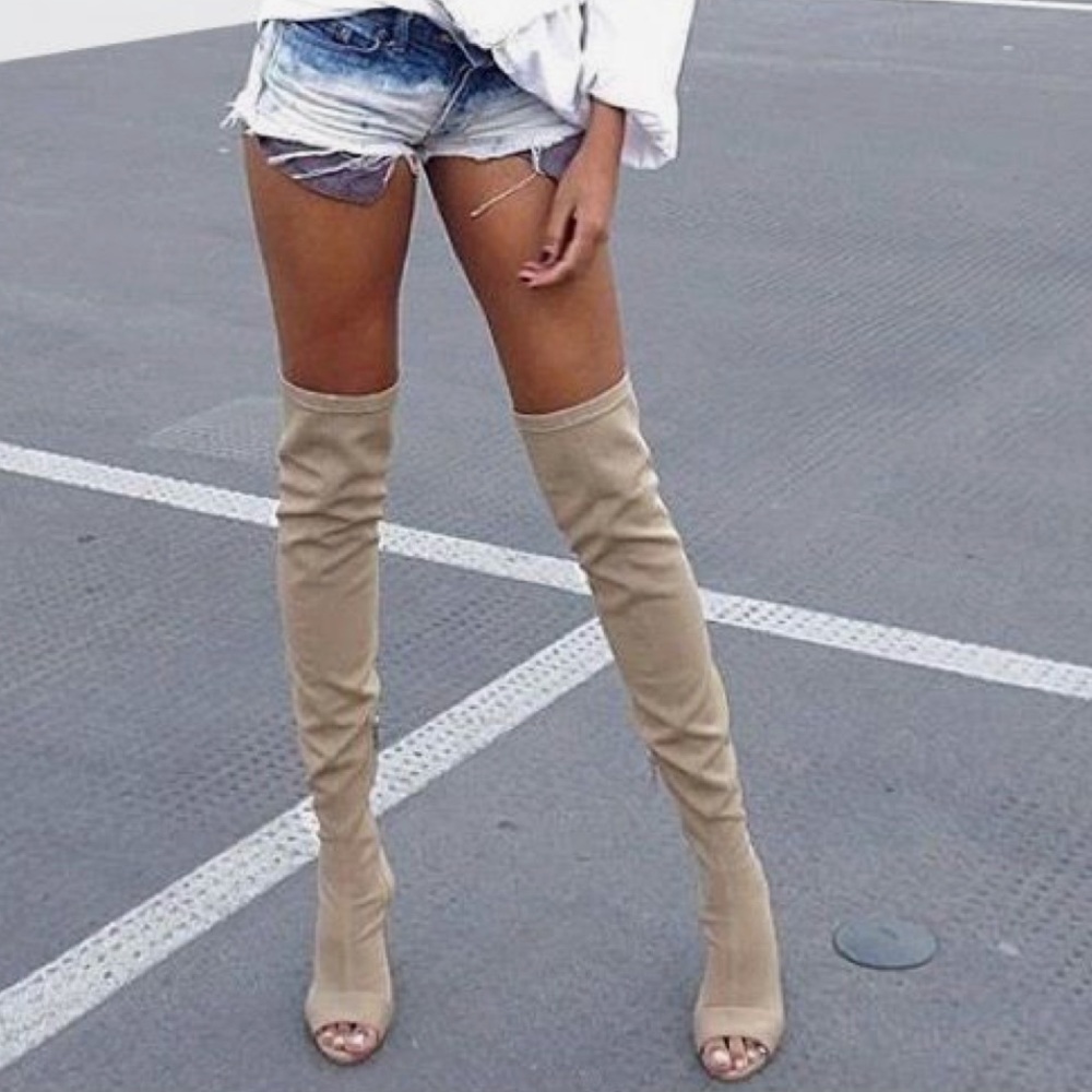 NIB Cream Neoprene Peep Toe Over The Knee Boots - Picture 1 of 8